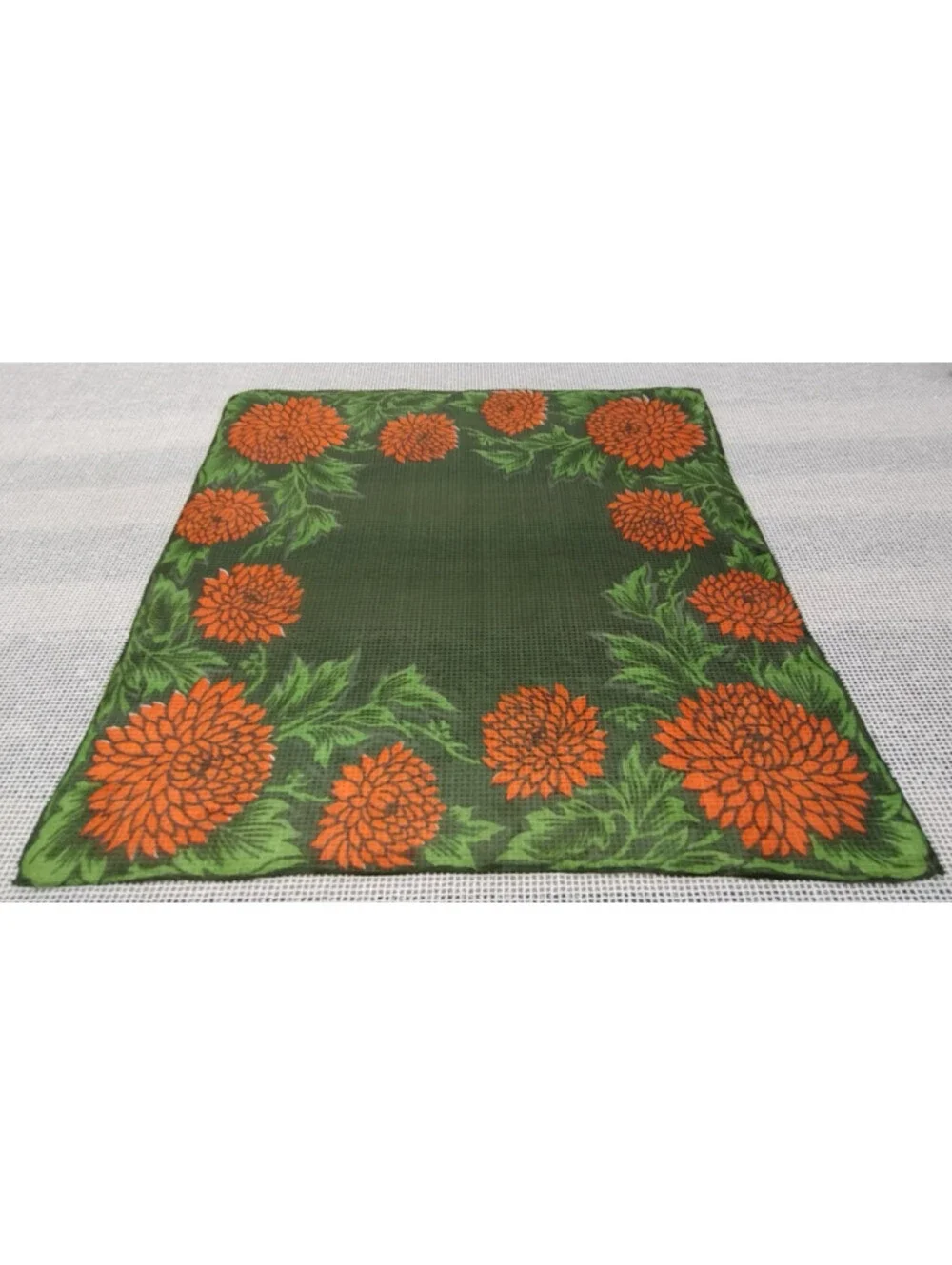 Vintage 40s Orange Floral Handkerchief Fine Silk Neck Scarf 1940s Colors Green